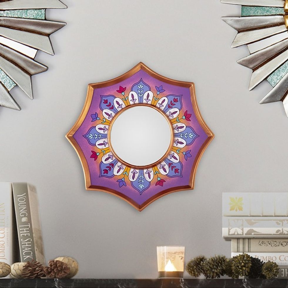 Lilac Floral Star Reverse Painted Glass Mirror 'Lilac Star'