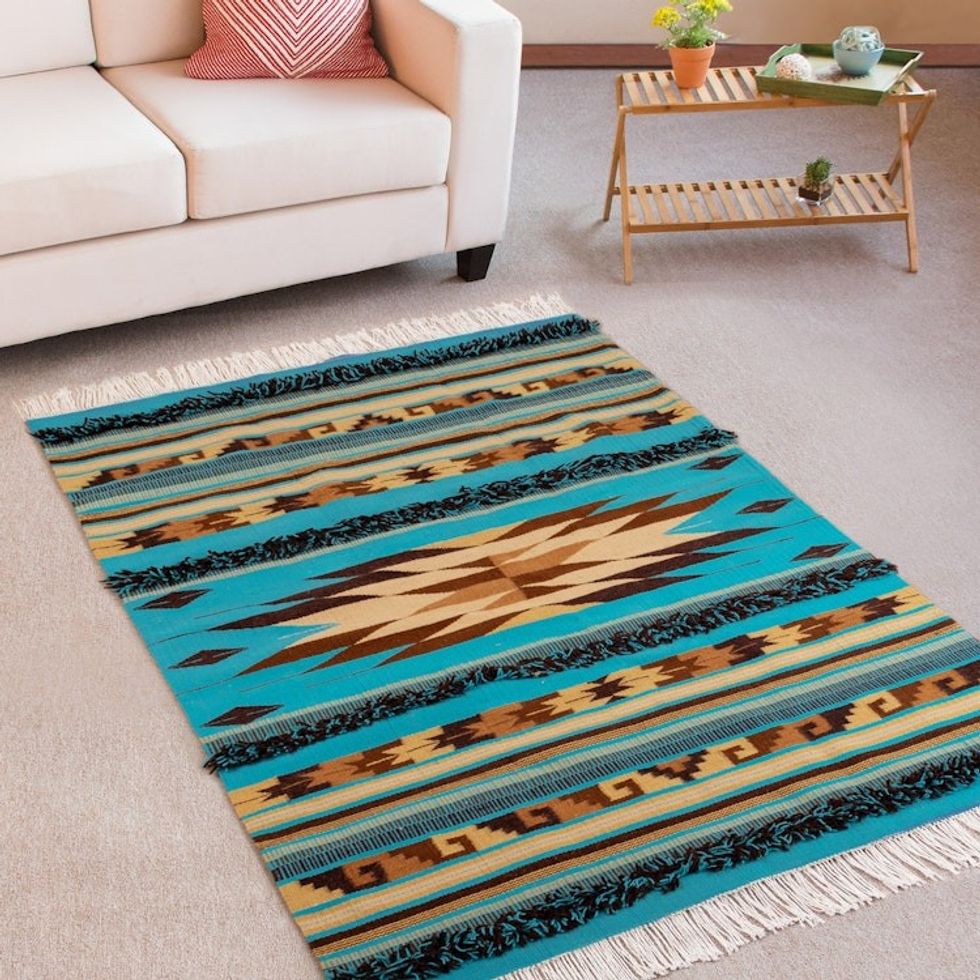 Handloomed Wool Rug with Geometric Motifs and Tassels 4x6 'Ancestral Winds'