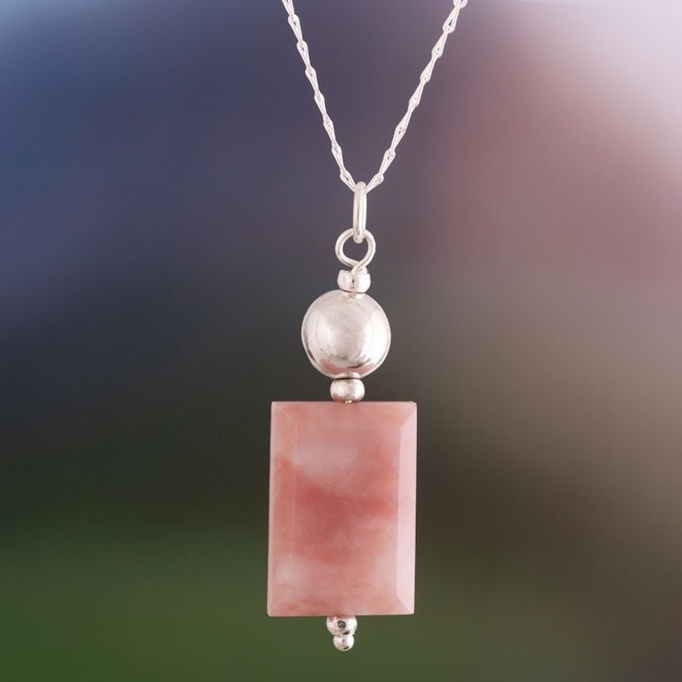 Sterling Silver Necklace with Rectangular Pink Opal Pendant 'Rosy Harmony'