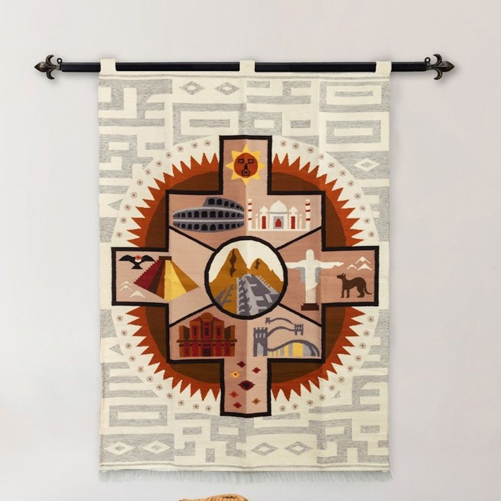 Handwoven Inspirational Chakana-Themed Wool Blend Tapestry 'Peace and World Unity'