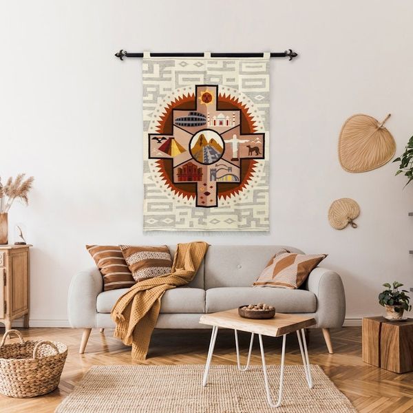 Alternate image for Handwoven Inspirational Chakana-Themed Wool Blend Tapestry Peace and World Unity