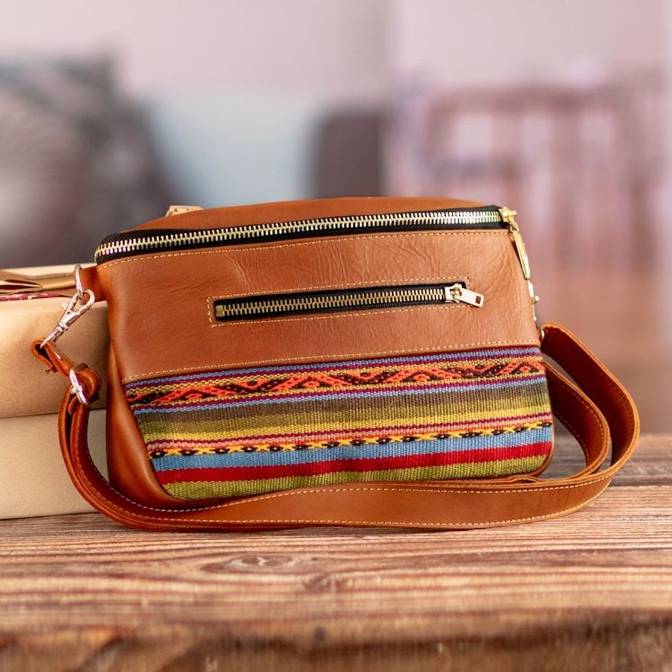 Leather Fanny Pack with Handwoven Accent Adjustable Strap 'Urban Andes'