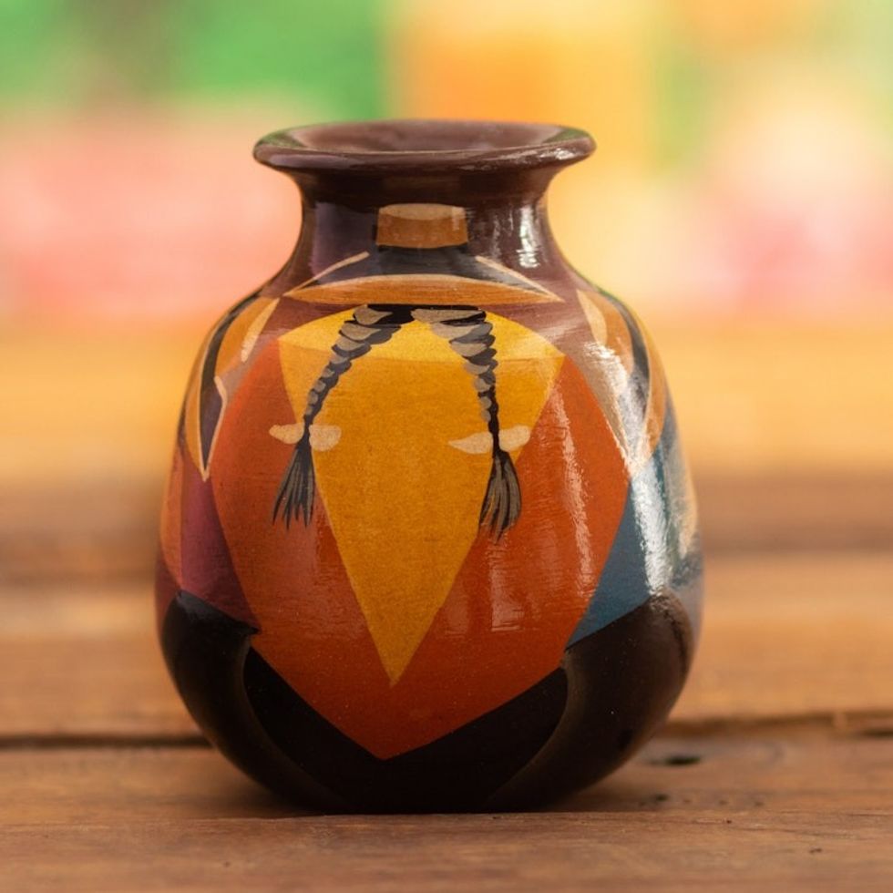 Colorful Hand-Painted Andean-Themed Ceramic Decorative Vase 'Andean Braids in Brown'