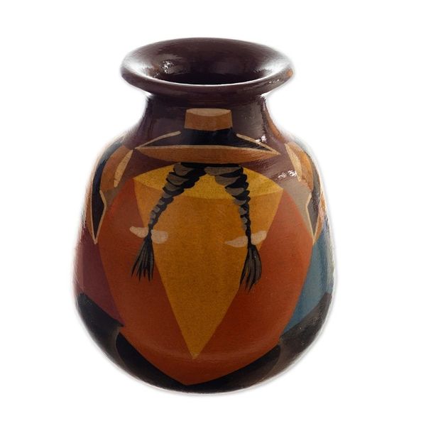 Alternate image for Colorful Hand-Painted Andean-Themed Ceramic Decorative Vase Andean Braids in Brown