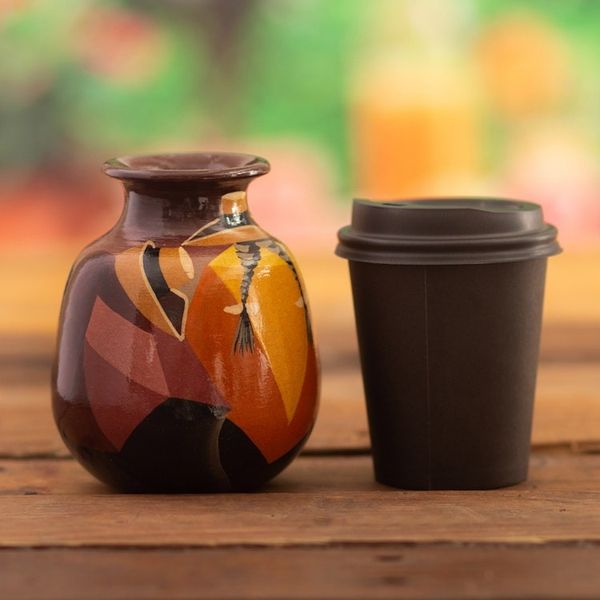 Alternate image for Colorful Hand-Painted Andean-Themed Ceramic Decorative Vase Andean Braids in Brown