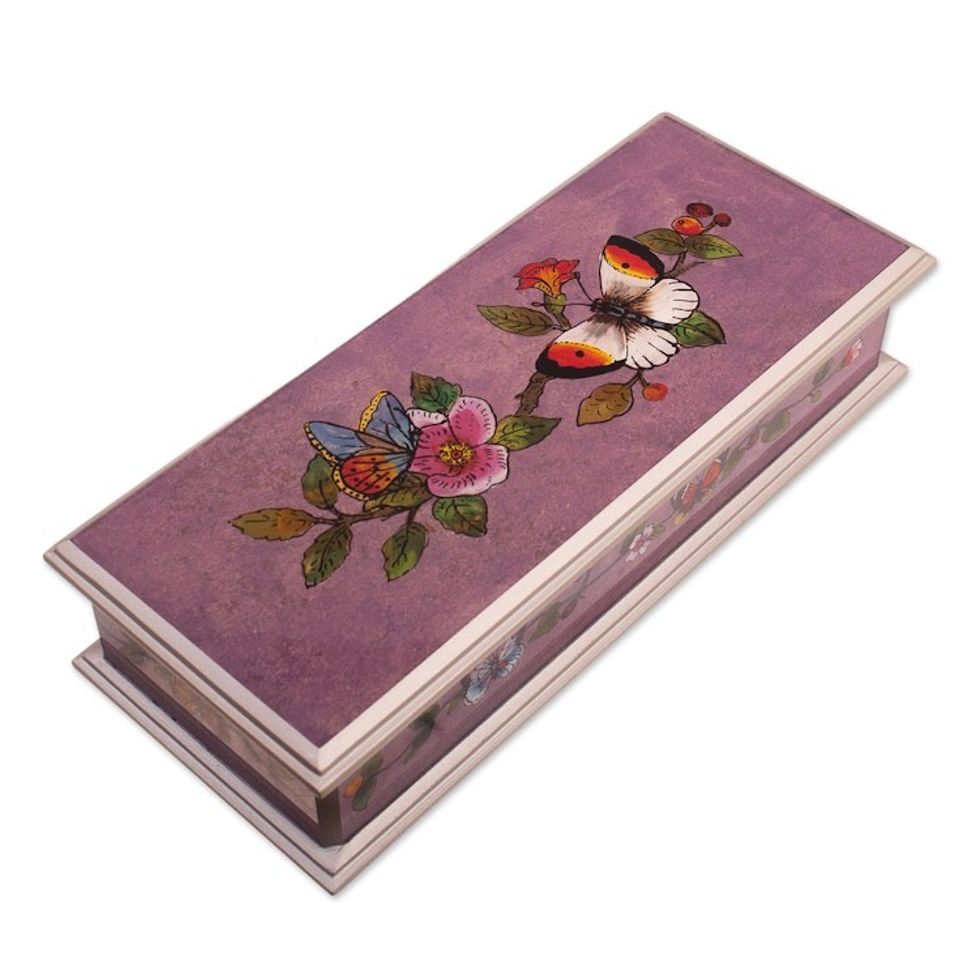 Butterfly Reverse-Painted Glass Decorative Box with Flowers 'Floral Transformation'