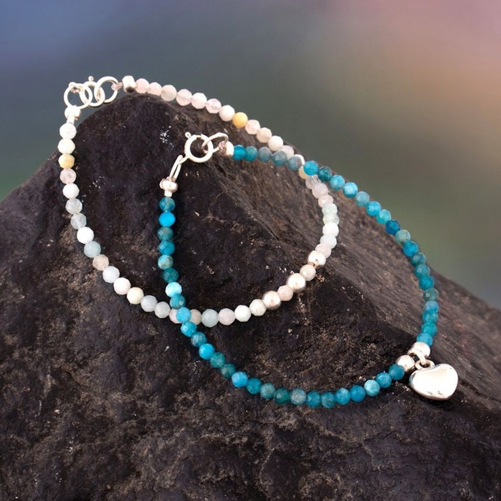 2 Agate Morganite Beaded Bracelets with Silver Heart Charm 'Gem Harmony'