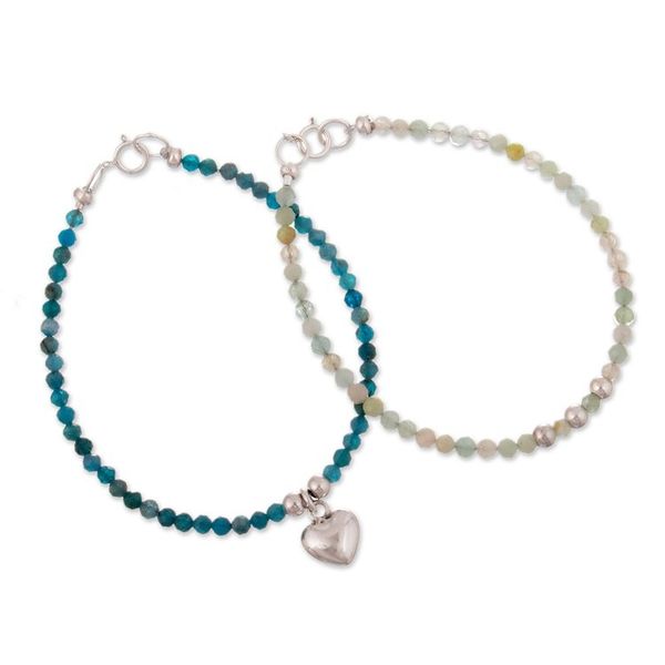 Alternate image for 2 Agate Morganite Beaded Bracelets with Silver Heart Charm Gem Harmony