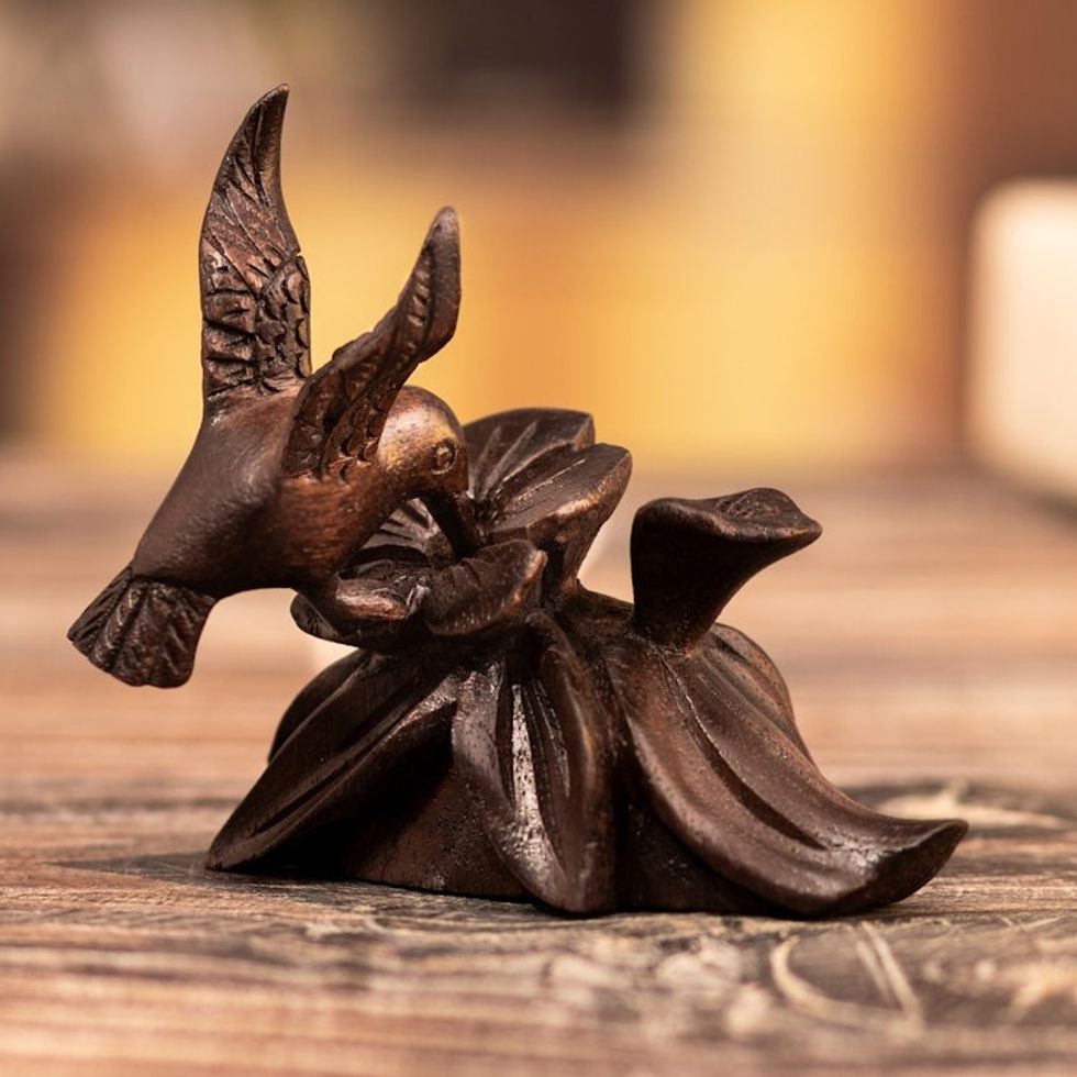 Hand-Carved Hummingbird Flower-Themed Cedarwood Figurine 'Floral Dance'