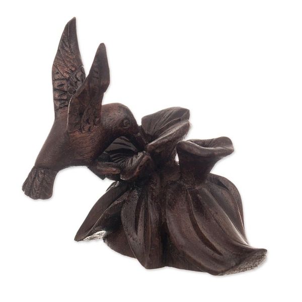 Alternate image for Hand-Carved Hummingbird Flower-Themed Cedarwood Figurine Floral Dance