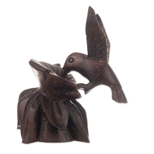 Alternate image for Hand-Carved Hummingbird Flower-Themed Cedarwood Figurine Floral Dance