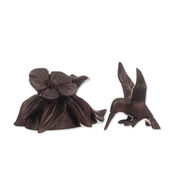 Alternate image for Hand-Carved Hummingbird Flower-Themed Cedarwood Figurine Floral Dance