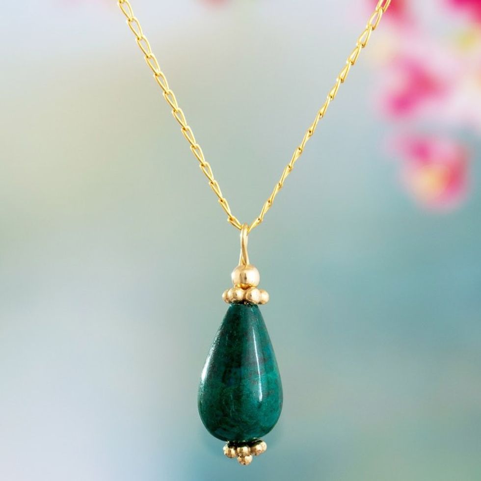 18k Gold-Plated Chrysocolla Pendant Necklace from Peru 'Nature's Green Drop'