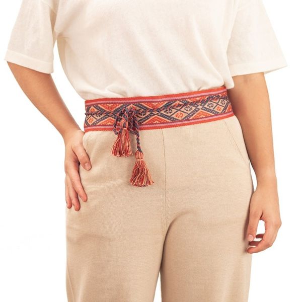 Alternate image for Handwoven Patterned Red and Orange Cotton Belt with Tassels Kallpa