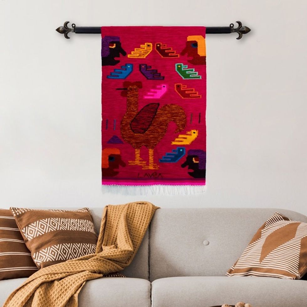 Handwoven Traditional Rooster-Themed Fuchsia Wool Tapestry 'The Gallant Rooster'