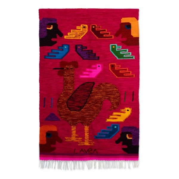 Alternate image for Handwoven Traditional Rooster-Themed Fuchsia Wool Tapestry The Gallant Rooster