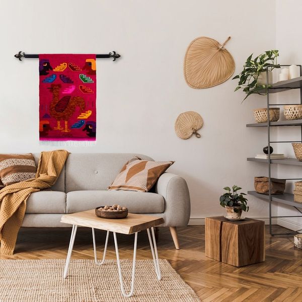 Alternate image for Handwoven Traditional Rooster-Themed Fuchsia Wool Tapestry The Gallant Rooster