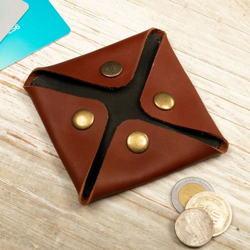 Men's Modern Geometric Coffee Leather Coin Holder 'Modern Collective'
