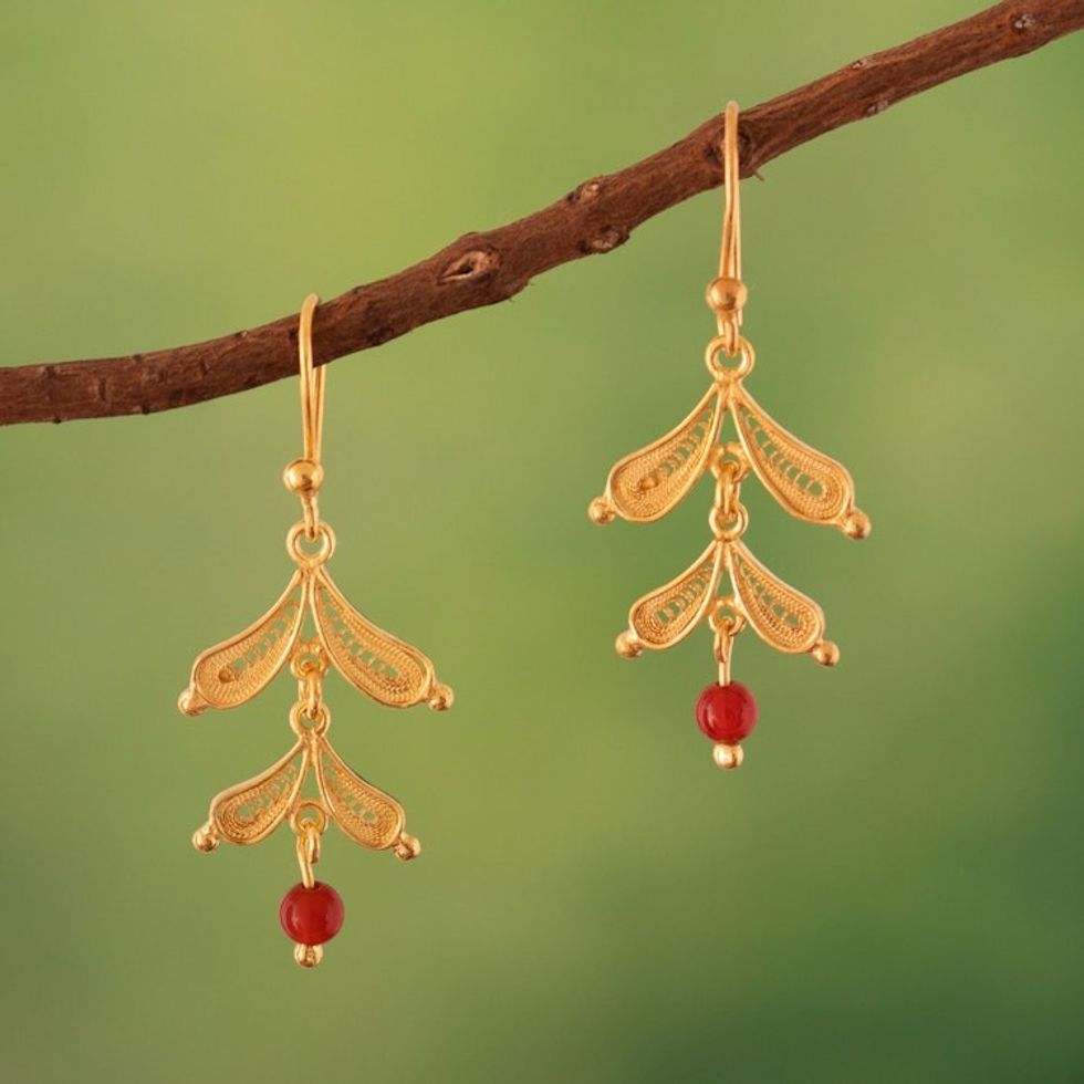 Leaf Shaped Gold-Plated Carnelian Filigree Dangle Earrings 'Vivid Leaves'