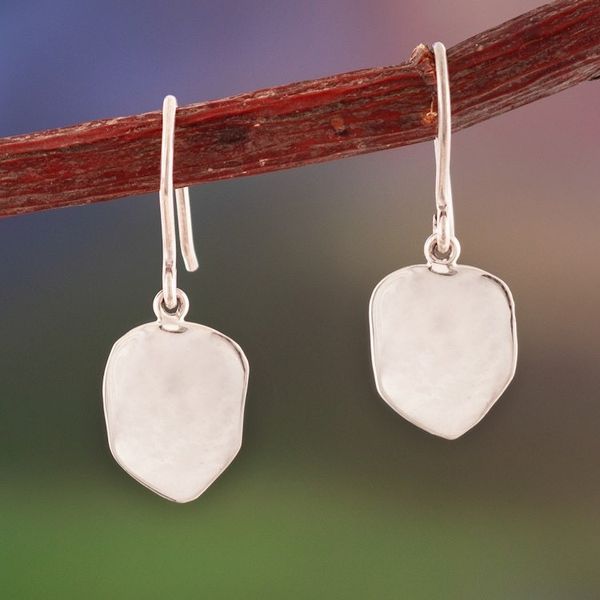 Alternate image for Modern Silver Dangle Earrings with Abstract Leaf Design Silk Leaf