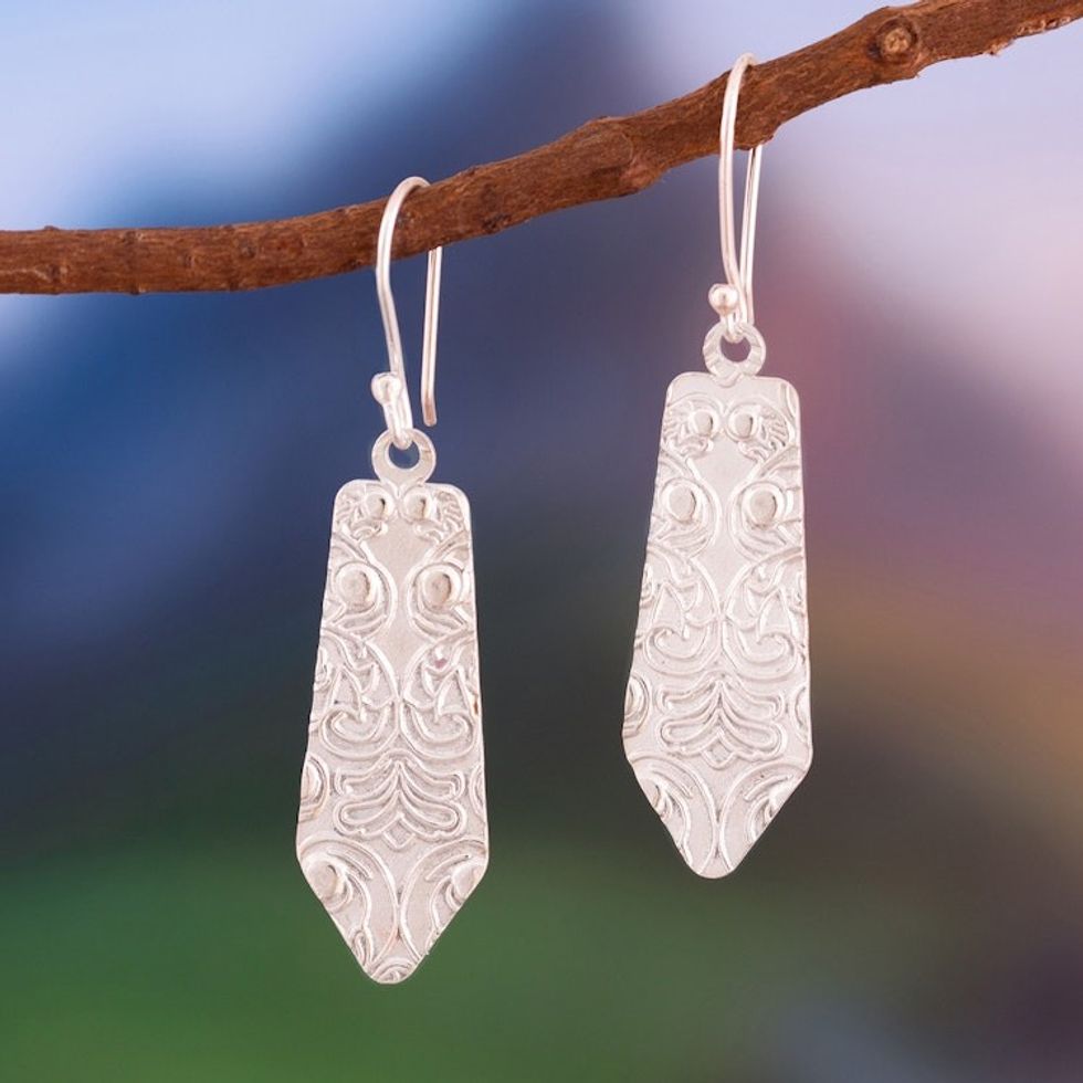 Embossed Geometric Sterling Silver Dangle Earrings 'Regal Fineness'