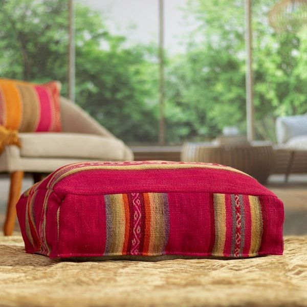 Alternate image for Traditional Handloomed Andean Wool Pouf Cover in Cherry Hues Andean Cherry
