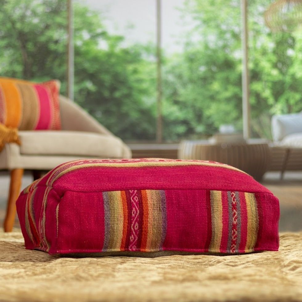 Traditional Handloomed Andean Wool Pouf Cover in Cherry Hues 'Andean Cherry'