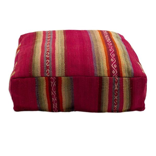 Alternate image for Traditional Handloomed Andean Wool Pouf Cover in Cherry Hues Andean Cherry