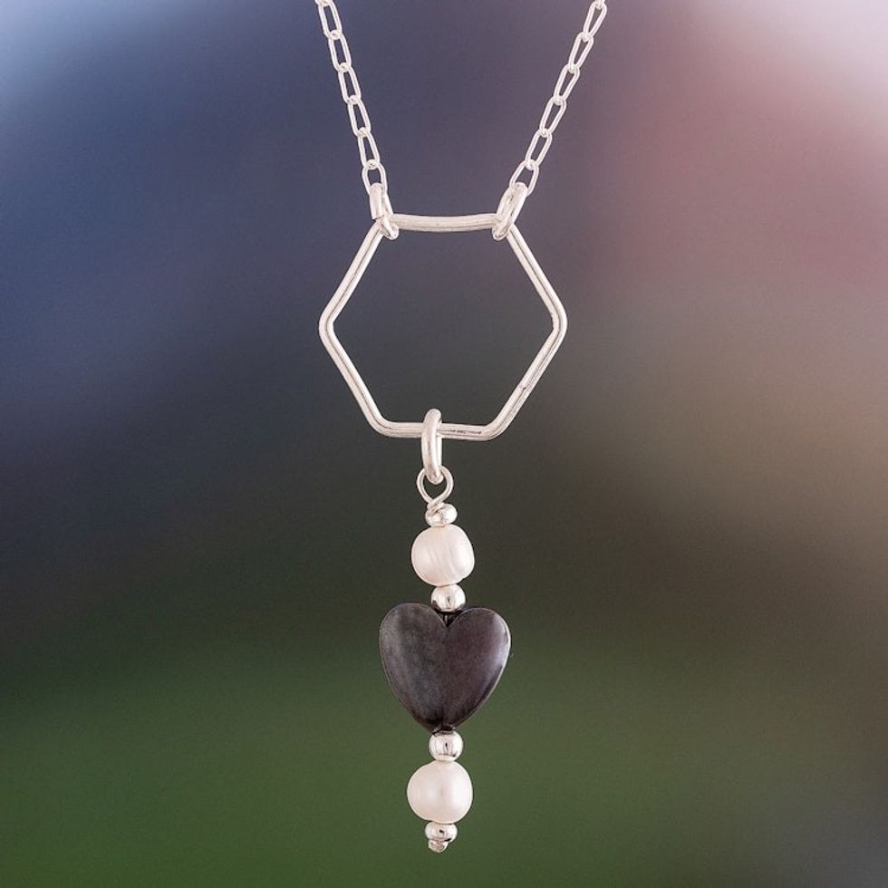Modern Hematite Cultured Pearl Silver Heart Pendant Necklace 'Posh Heartbeat'