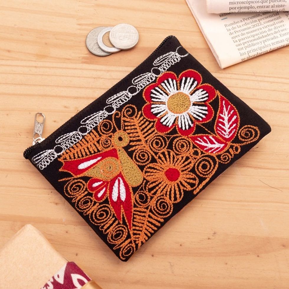 Butterfly-Themed Embroidered Coin Purse in Orange and Red 'Evening Butterfly'