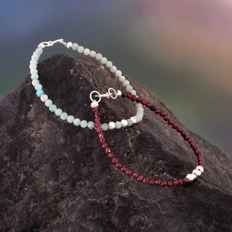 Pair of Amazonite Garnet Silver Beaded Wristband Bracelets 'Serene Elegance'