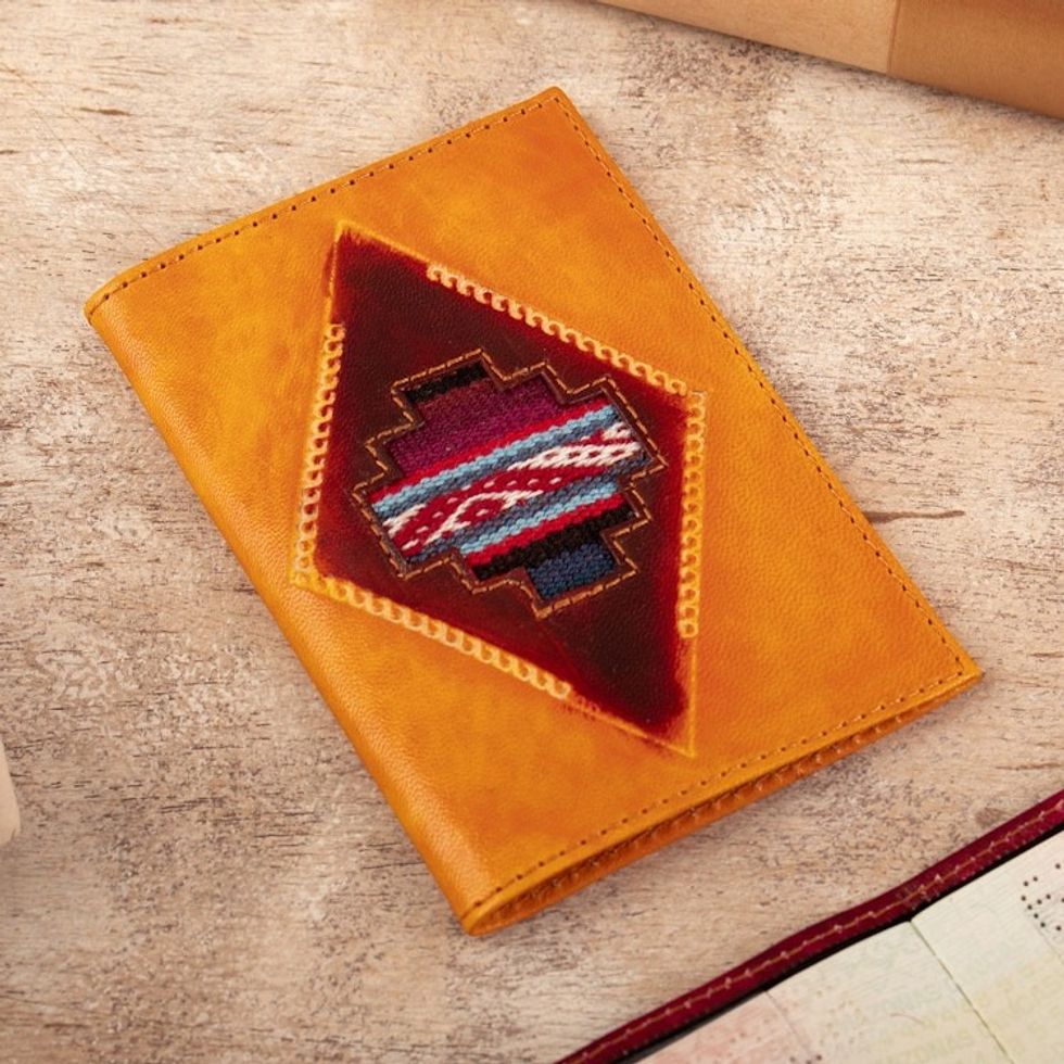 Chakana-Themed Orange Leather Passport Cover from Peru 'Chakana Heritage'