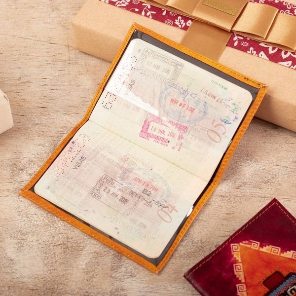 Alternate image for Chakana-Themed Orange Leather Passport Cover from Peru Chakana Heritage