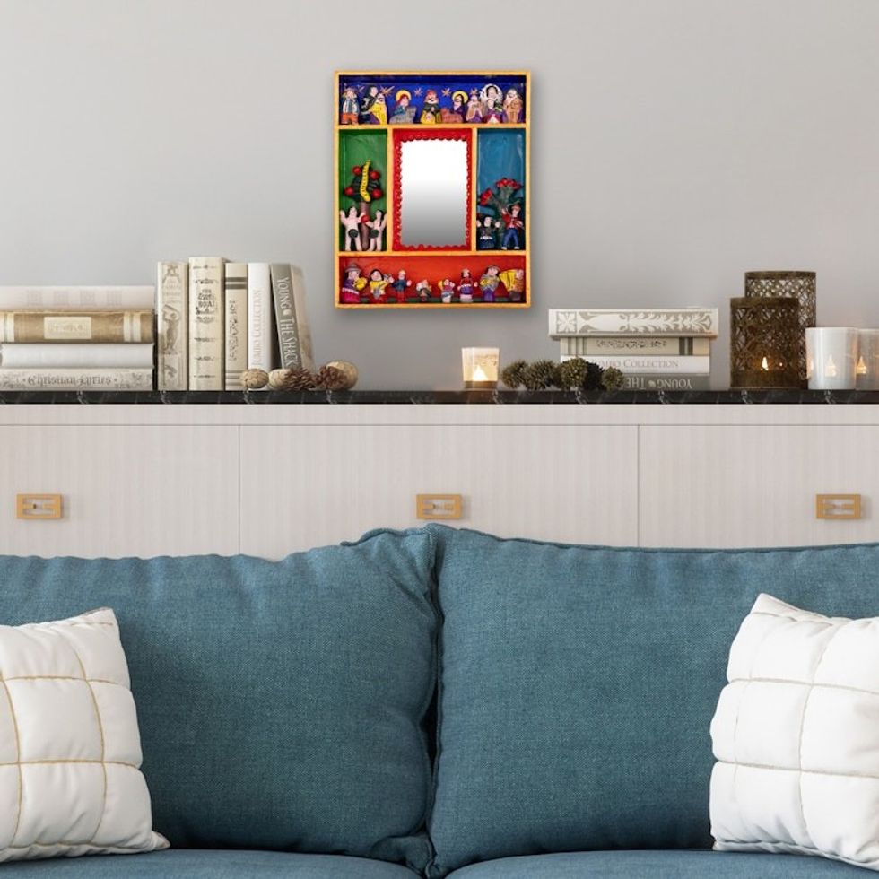 Nativity and Garden of Eden-Themed Wood Ceramic Wall Mirror 'Garden of Eden'