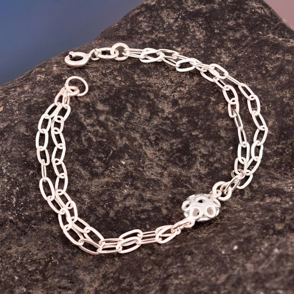High-Polished Sterling Silver Bracelet with Floral Pendant 'Arcadian Bloom'