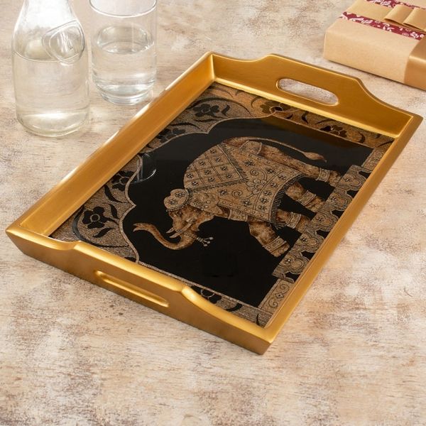 Alternate image for Classic Golden-Toned Reverse Painted Glass Tray Oriental Treasure