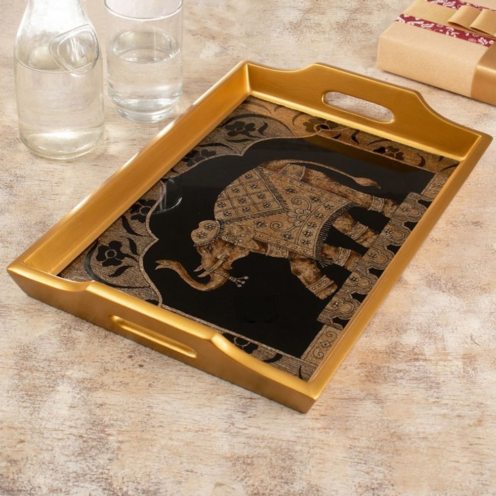 Classic Golden-Toned Reverse Painted Glass Tray 'Oriental Treasure'