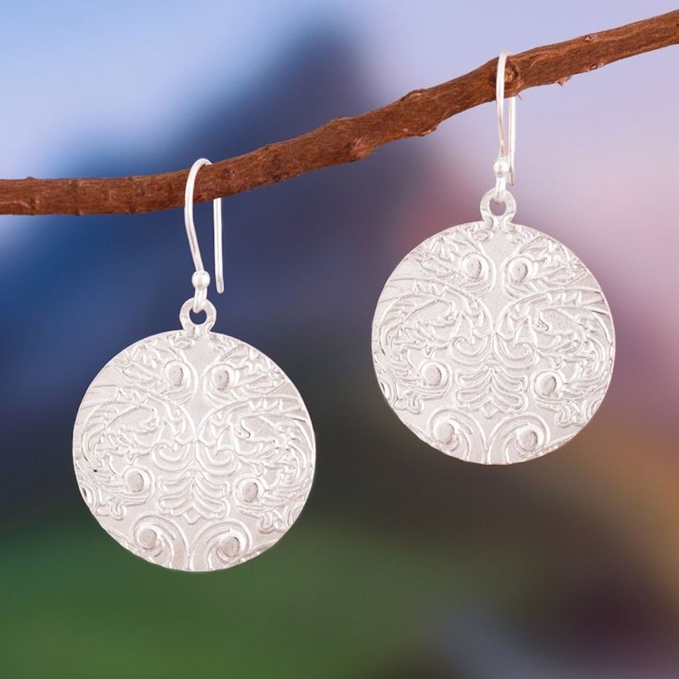 Embossed Round Sterling Silver Dangle Earrings 'Lunar Fineness'