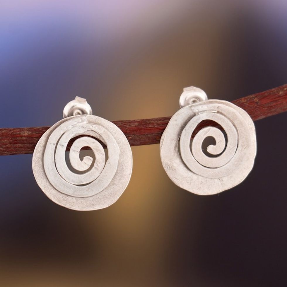 Textured and Polished Whirl Sterling Silver Button Earrings 'Lunar Hypnosis'