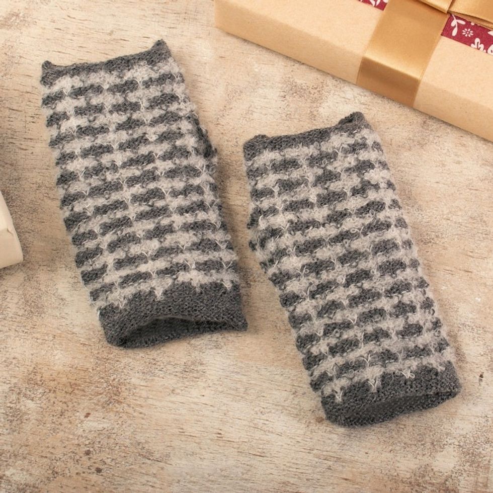 Square-Patterned Grey-Toned Alpaca Blend Fingerless Mitts 'Misty Squares'