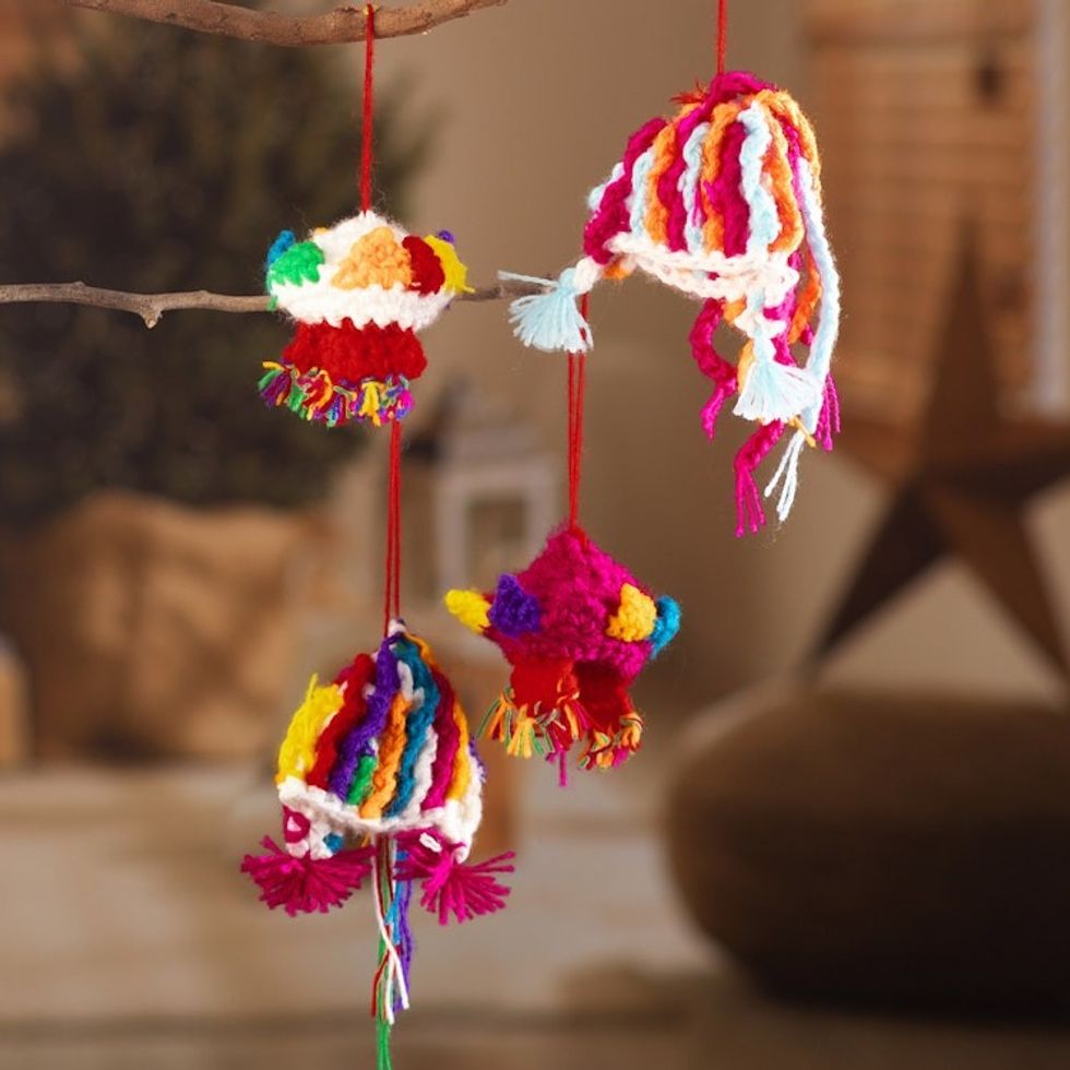 Crocheted Peruvian Ornaments with Andean Hats Set of 4 'Colorful Andean Tradition'