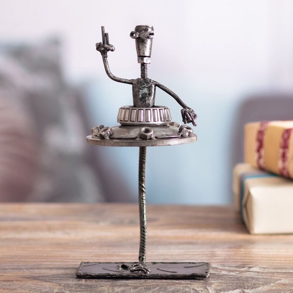Whimsical Eco-Friendly Recycled Metal Sculpture of Alien 'Metallic Alien'
