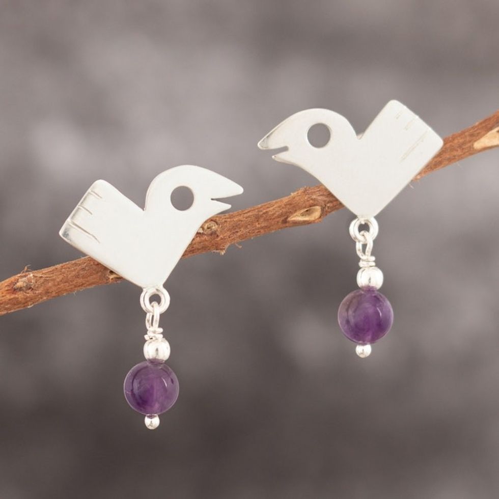 Cultural Sterling Silver Bird Dangle Earrings with Amethyst 'Purple Sican Birds'