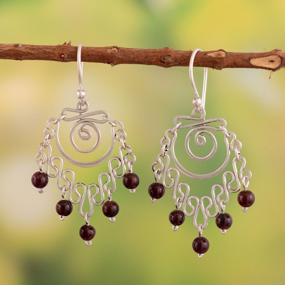 Sterling Silver Chandelier Earrings with Natural Garnet Gems 'Passion Gala'
