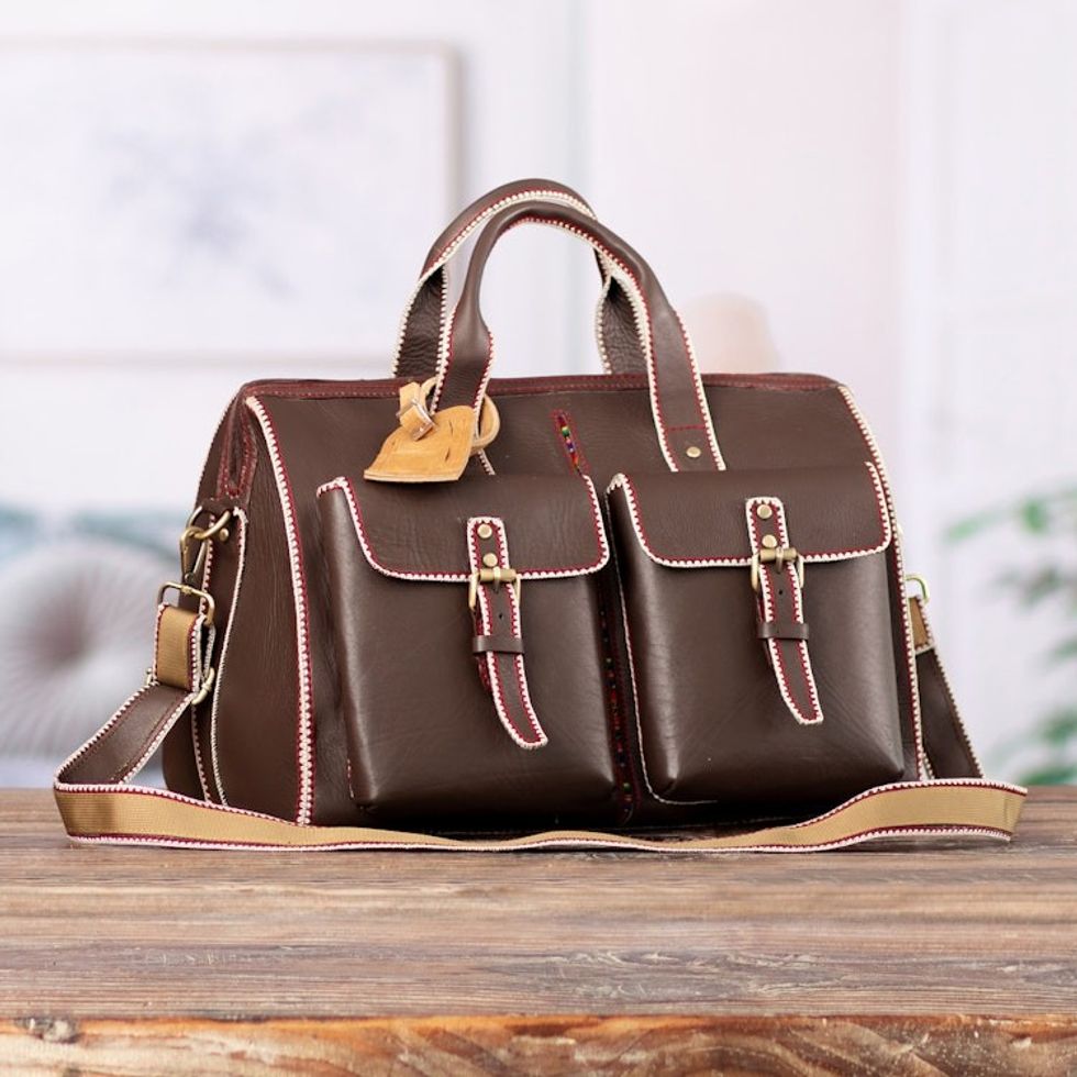 Stitch-Trim Leather Travel Bag with Handwoven Wool Accent 'Explorer Journey'