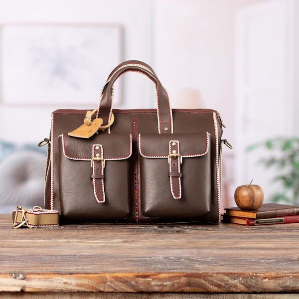 Alternate image for Stitch-Trim Leather Travel Bag with Handwoven Wool Accent Explorer Journey