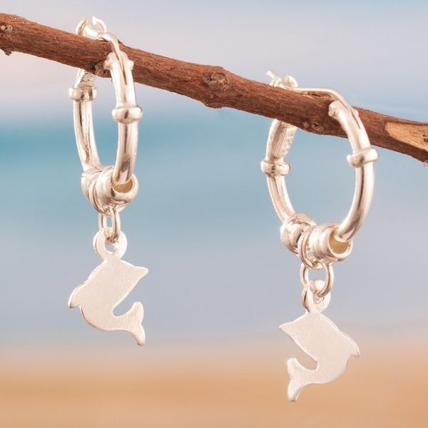 Alternate image for Sterling Silver Hoop Earrings with Dangling Dolphin Charms Happy Dolphin