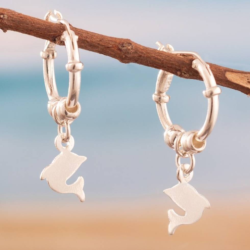 Sterling Silver Hoop Earrings with Dangling Dolphin Charms 'Happy Dolphin'