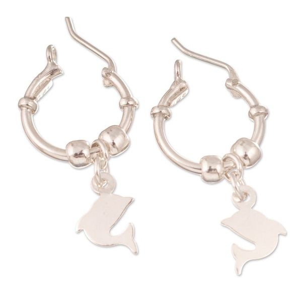 Alternate image for Sterling Silver Hoop Earrings with Dangling Dolphin Charms Happy Dolphin