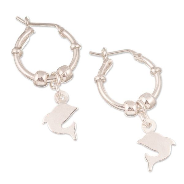 Alternate image for Sterling Silver Hoop Earrings with Dangling Dolphin Charms Happy Dolphin